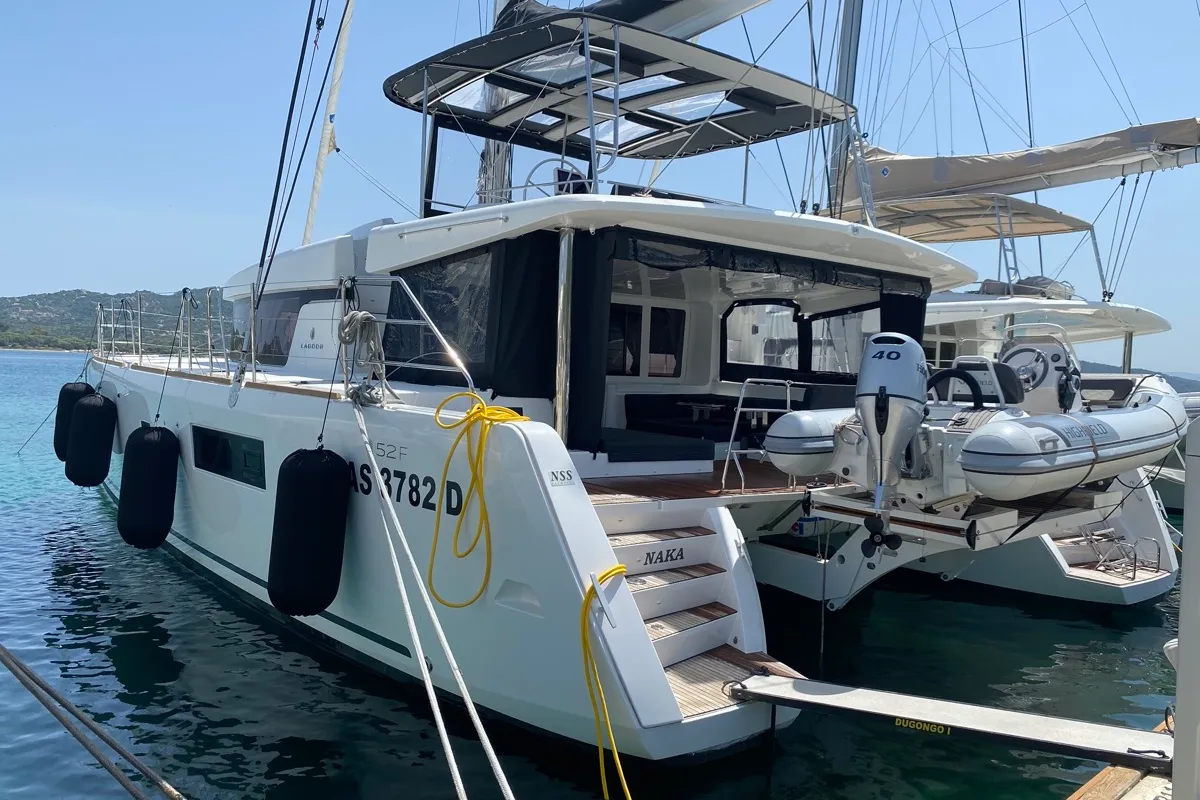 Exterior view of Naka, a Lagoon 52F catamaran at Tonnarella, Italy