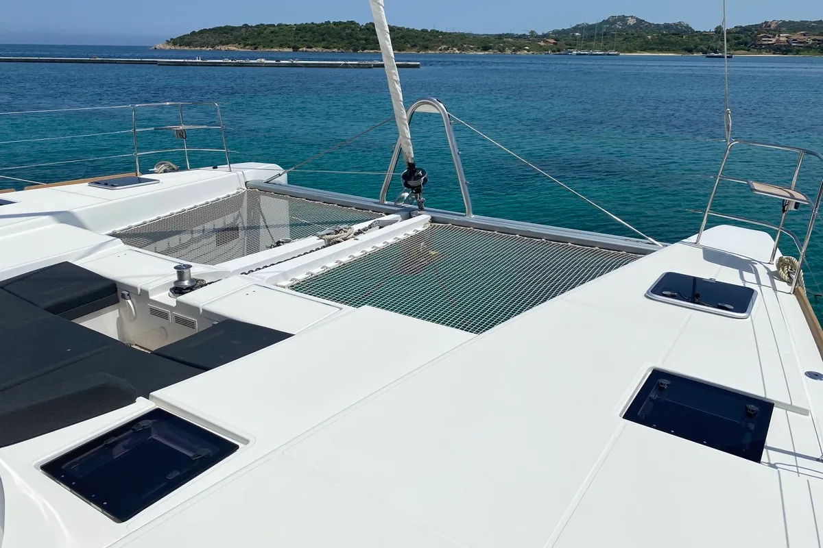 Deck of Naka, a Lagoon 52F catamaran at Tonnarella, Italy
