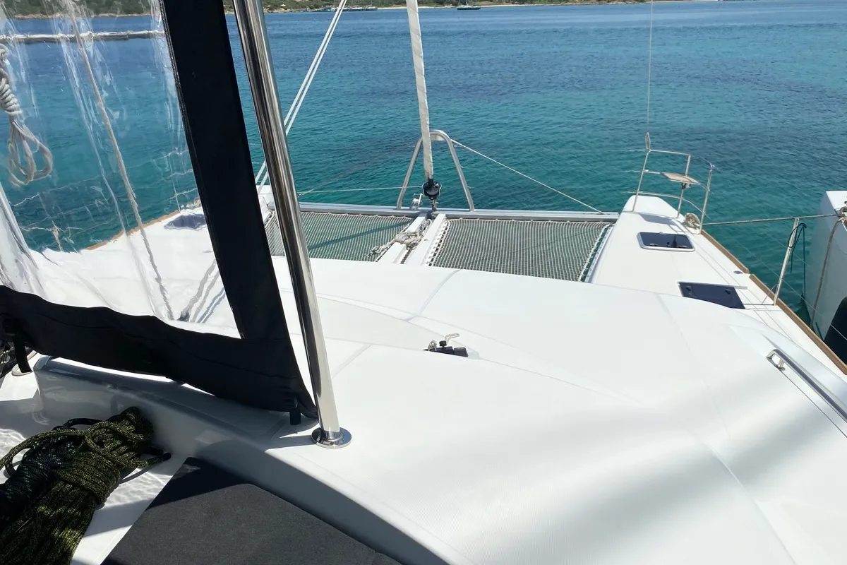Deck of Naka, a Lagoon 52F catamaran at Tonnarella, Italy