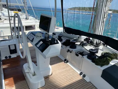 Cockpit of Naka, a Lagoon 52F catamaran at Tonnarella, Italy
