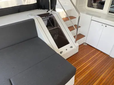 Deck of Naka, a Lagoon 52F catamaran at Tonnarella, Italy