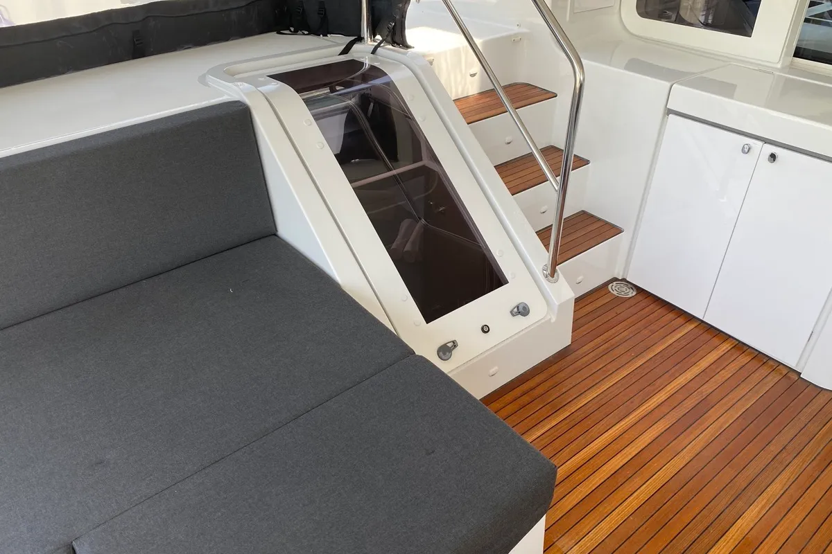 Deck of Naka, a Lagoon 52F catamaran at Tonnarella, Italy
