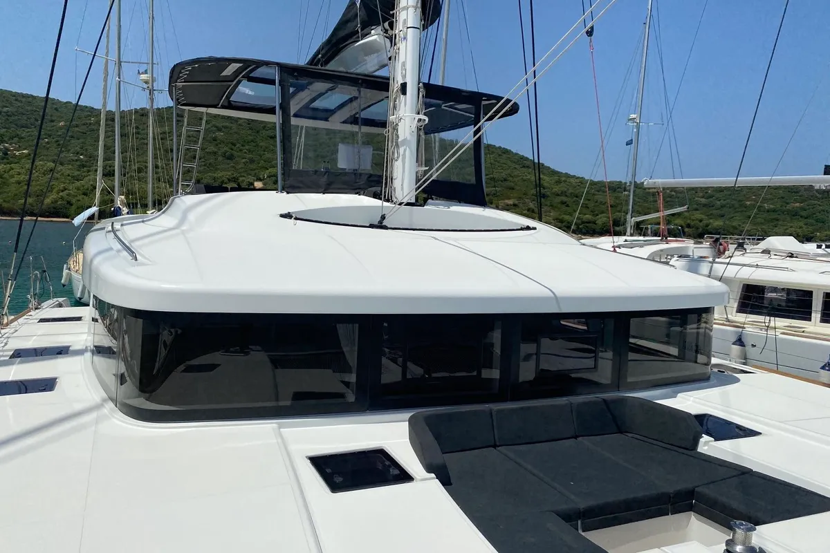 Deck of Naka, a Lagoon 52F catamaran at Tonnarella, Italy