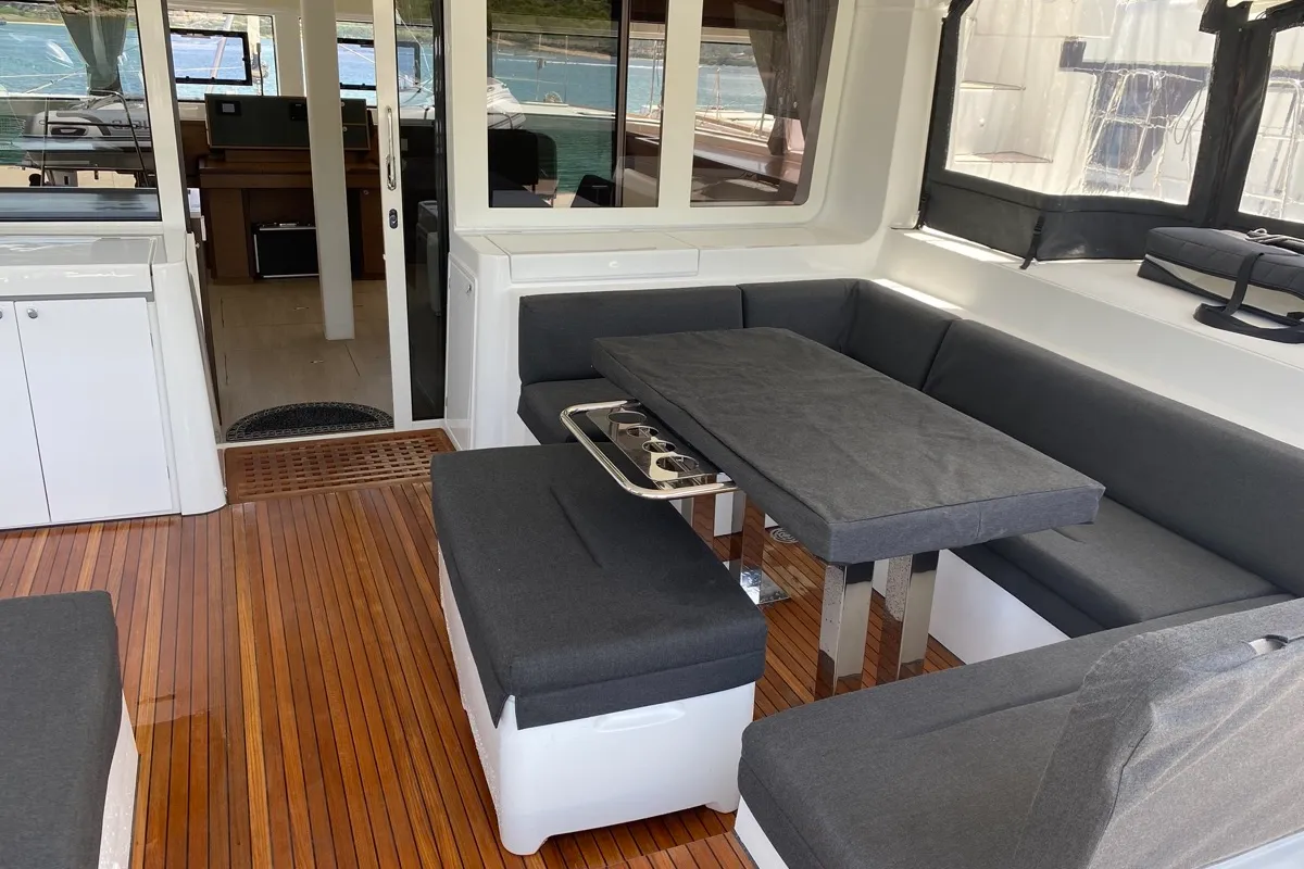 Deck of Naka, a Lagoon 52F catamaran at Tonnarella, Italy
