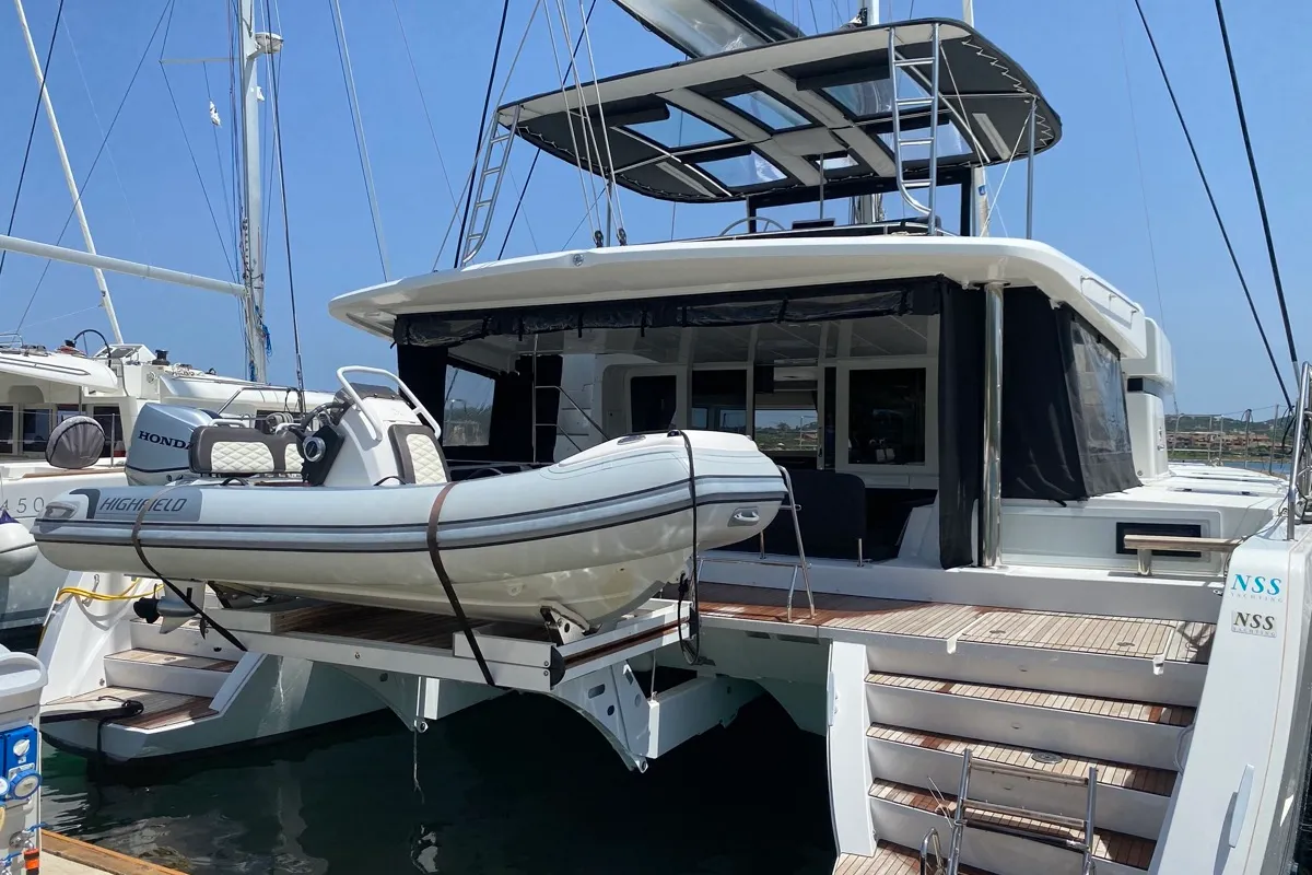 Exterior view of Naka, a Lagoon 52F catamaran at Tonnarella, Italy
