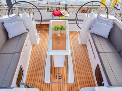 Cockpit of Daiquiri, a Dufour 460 Grand Large sailboat at Athens, Greece