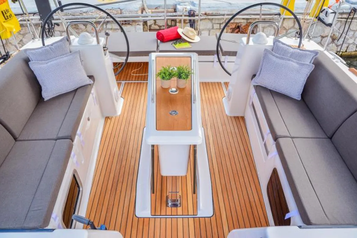Cockpit of Daiquiri, a Dufour 460 Grand Large sailboat at Athens, Greece