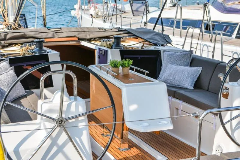 Cockpit of Daiquiri, a Dufour 460 Grand Large sailboat at Athens, Greece