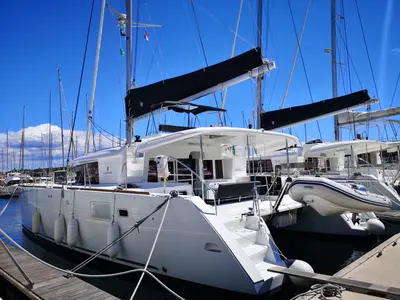 Exterior view of GRAND DELUXE, a Lagoon 450 catamaran at Grad Šibenik, Croatia