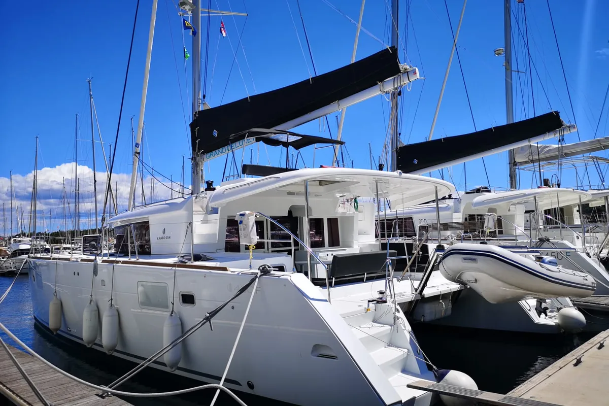Exterior view of GRAND DELUXE, a Lagoon 450 catamaran at Grad Šibenik, Croatia
