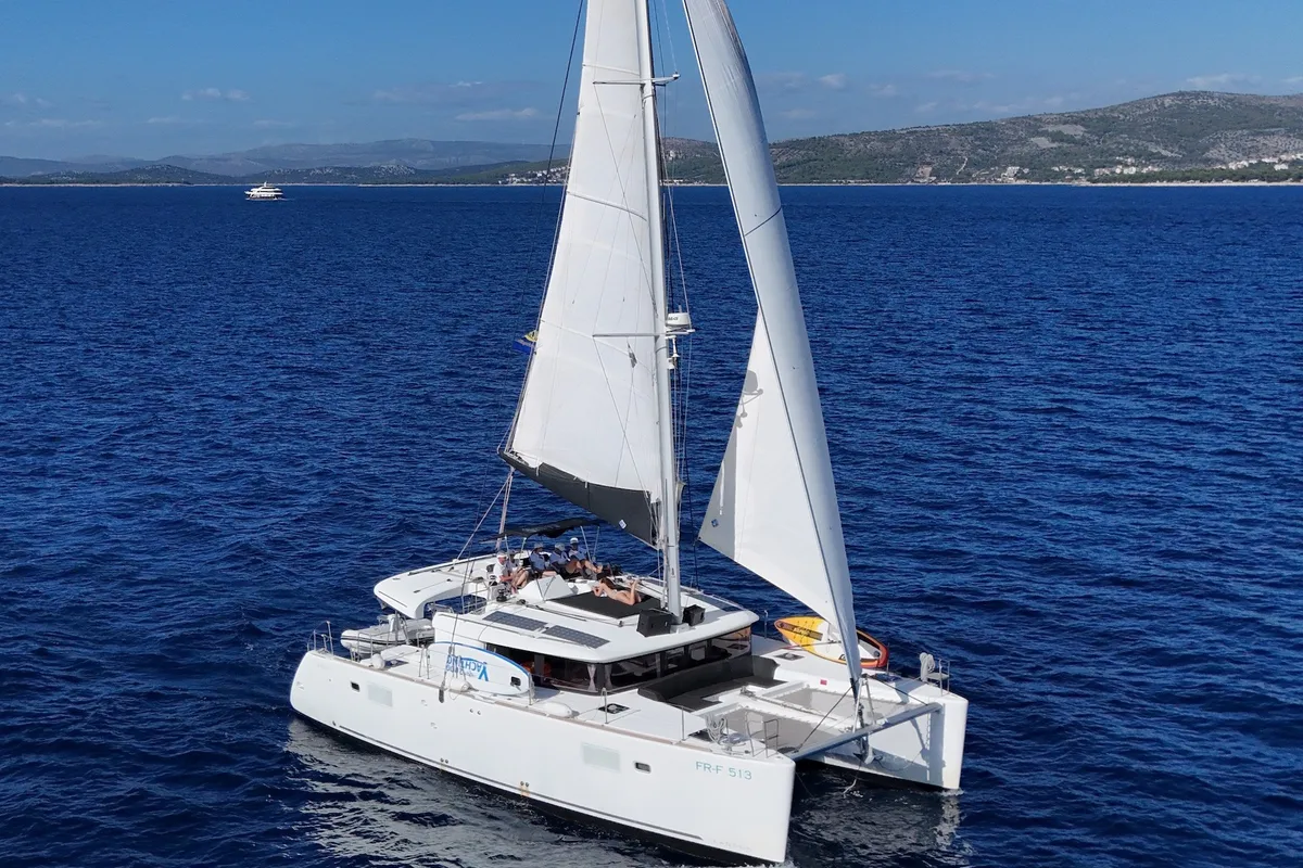Exterior view of GRAND DELUXE, a Lagoon 450 catamaran at Grad Šibenik, Croatia