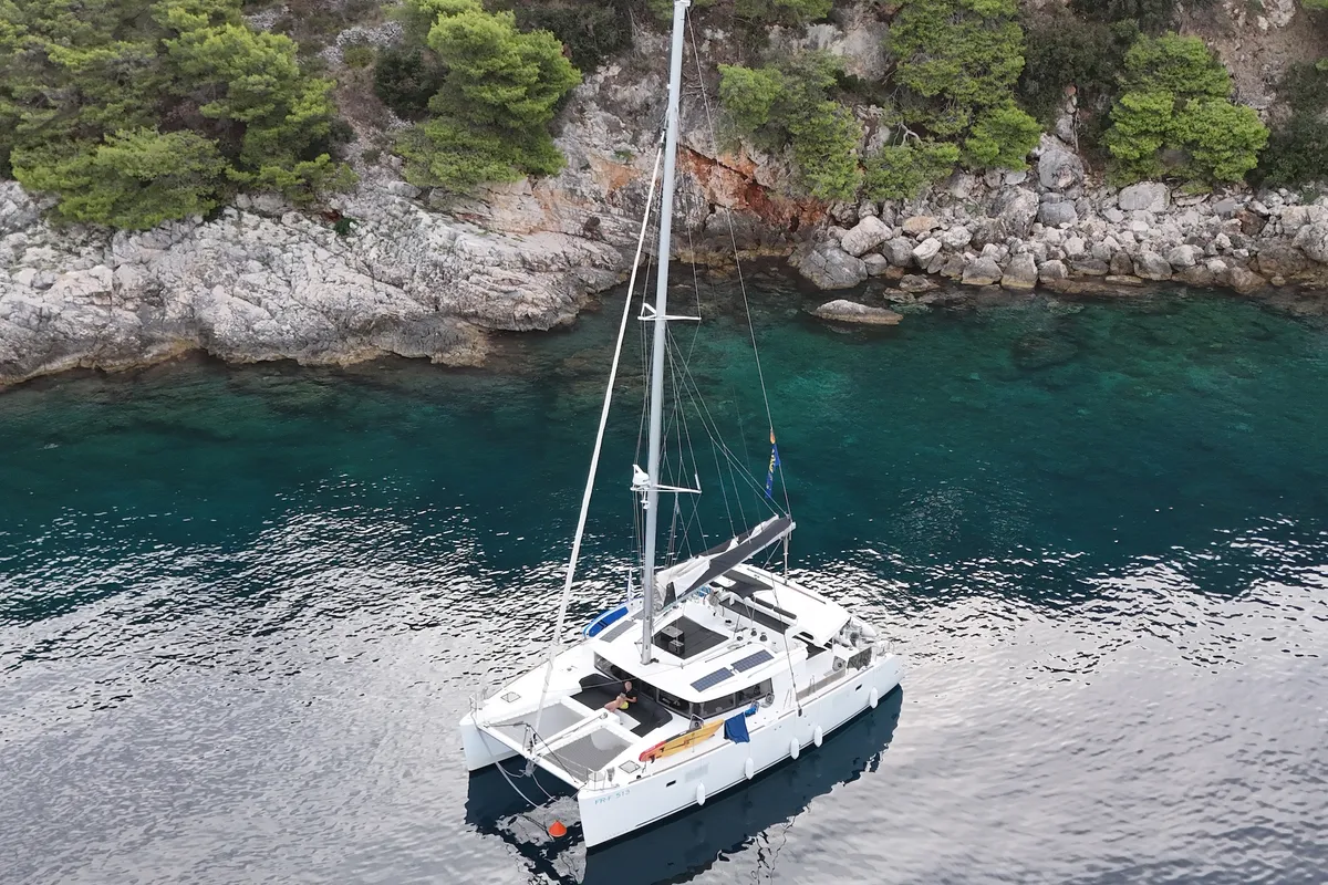 Exterior view of GRAND DELUXE, a Lagoon 450 catamaran at Grad Šibenik, Croatia