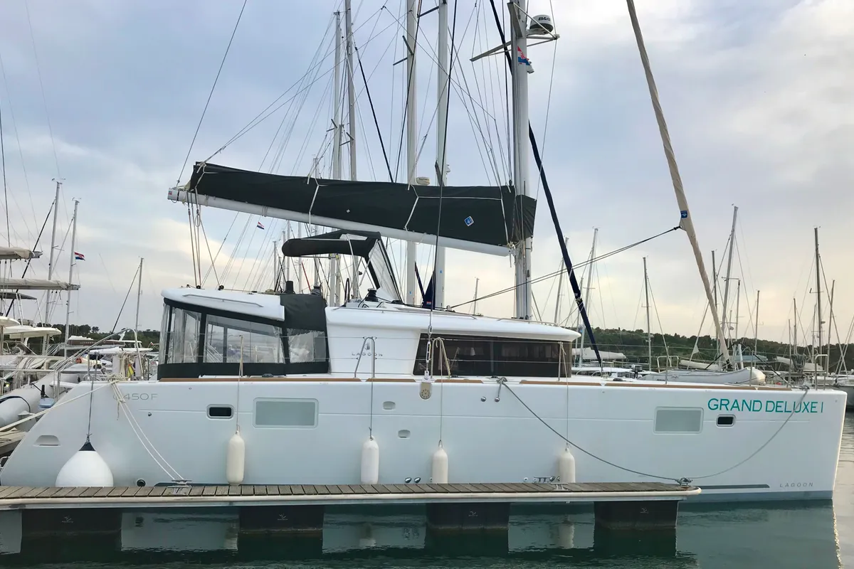Exterior view of GRAND DELUXE, a Lagoon 450 catamaran at Grad Šibenik, Croatia