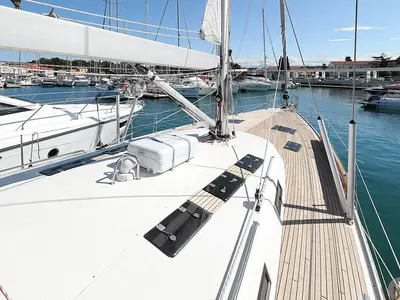 Deck of Rawa, a Bavaria 55 Cruiser sailboat at Gåshaga, Sweden