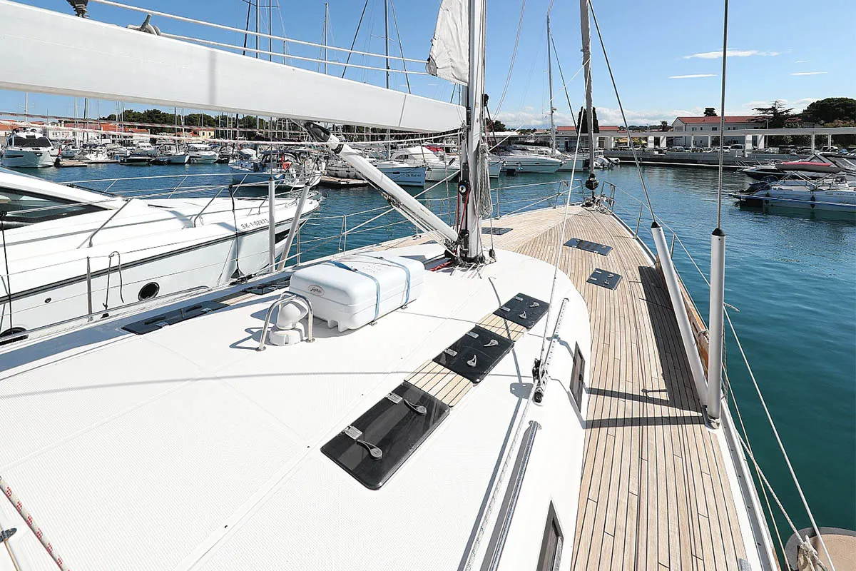 Deck of Rawa, a Bavaria 55 Cruiser sailboat at Gåshaga, Sweden