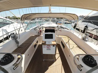 Cockpit of Rawa, a Bavaria 55 Cruiser sailboat at Gåshaga, Sweden