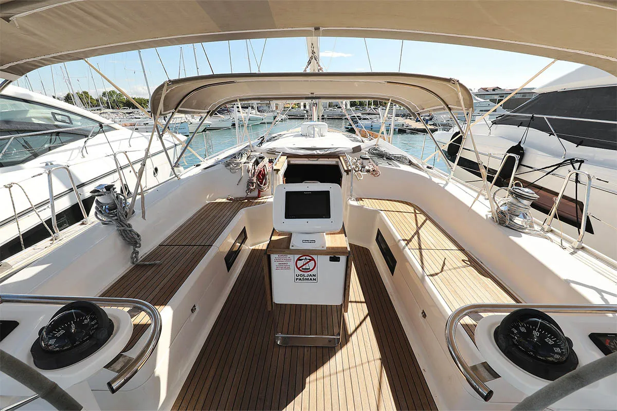 Cockpit of Rawa, a Bavaria 55 Cruiser sailboat at Gåshaga, Sweden