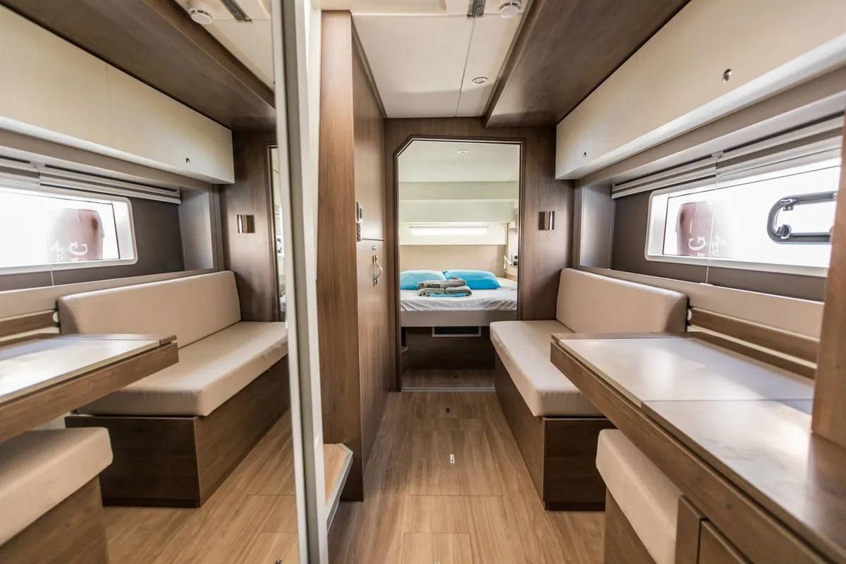 Salon of Elifcim, a Bali 4.2 OW catamaran at Marmaris, Turkey