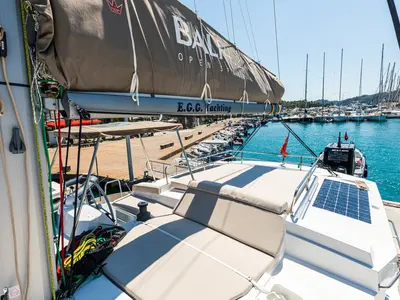 Deck of Elifcim, a Bali 4.2 OW catamaran at Marmaris, Turkey
