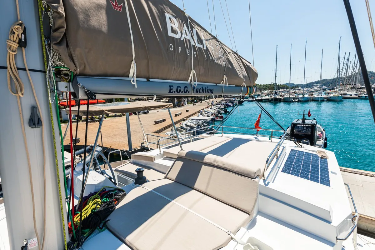 Deck of Elifcim, a Bali 4.2 OW catamaran at Marmaris, Turkey