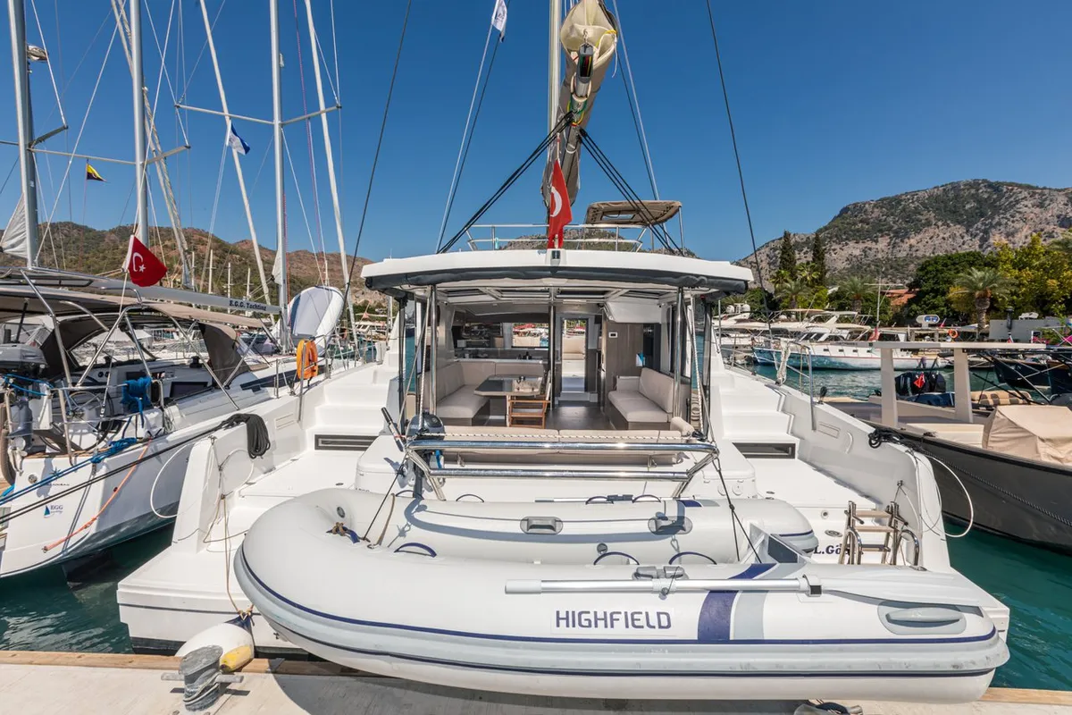 Exterior view of Elifcim, a Bali 4.2 OW catamaran at Marmaris, Turkey