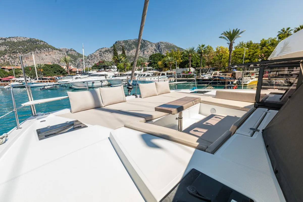 Deck of Elifcim, a Bali 4.2 OW catamaran at Marmaris, Turkey