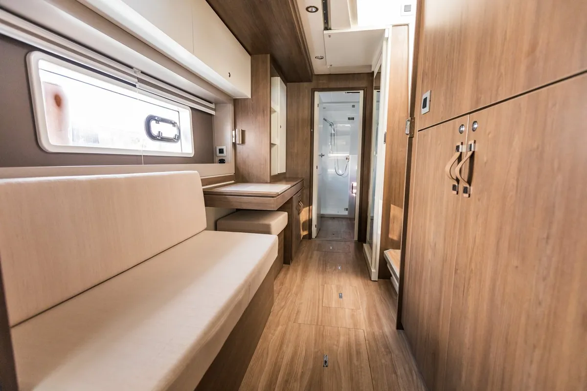 Salon of Elifcim, a Bali 4.2 OW catamaran at Marmaris, Turkey