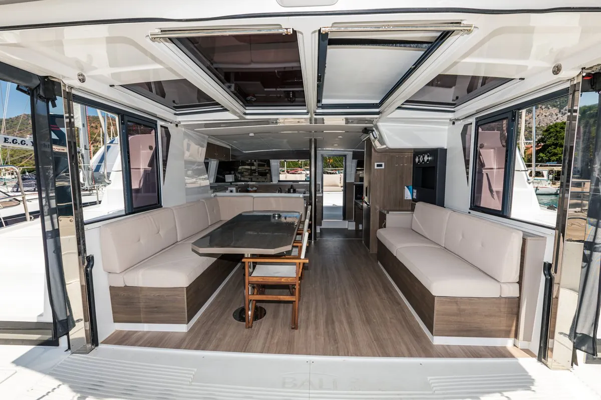 Salon of Elifcim, a Bali 4.2 OW catamaran at Marmaris, Turkey