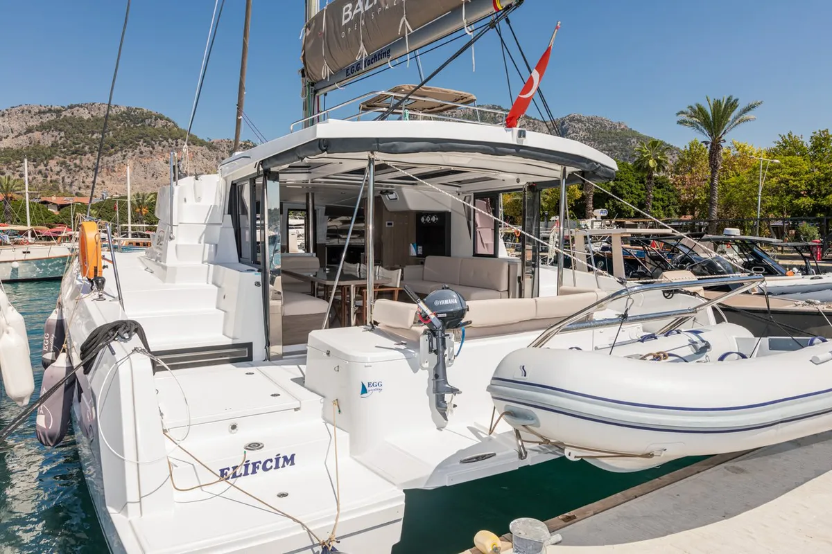 Exterior view of Elifcim, a Bali 4.2 OW catamaran at Marmaris, Turkey