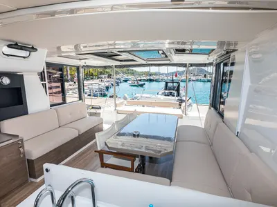 Salon of Elifcim, a Bali 4.2 OW catamaran at Marmaris, Turkey
