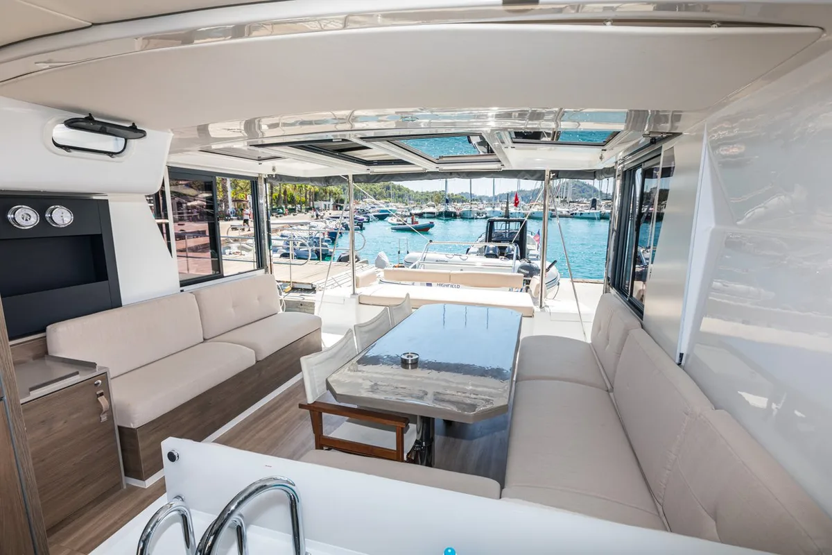 Salon of Elifcim, a Bali 4.2 OW catamaran at Marmaris, Turkey