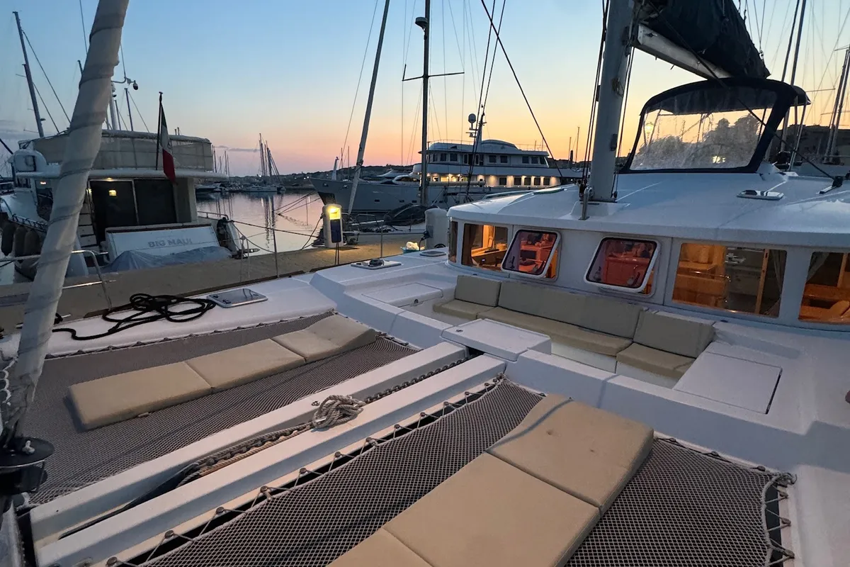 Deck of Ginevra, a Lagoon 440 catamaran at Nettuno, Italy