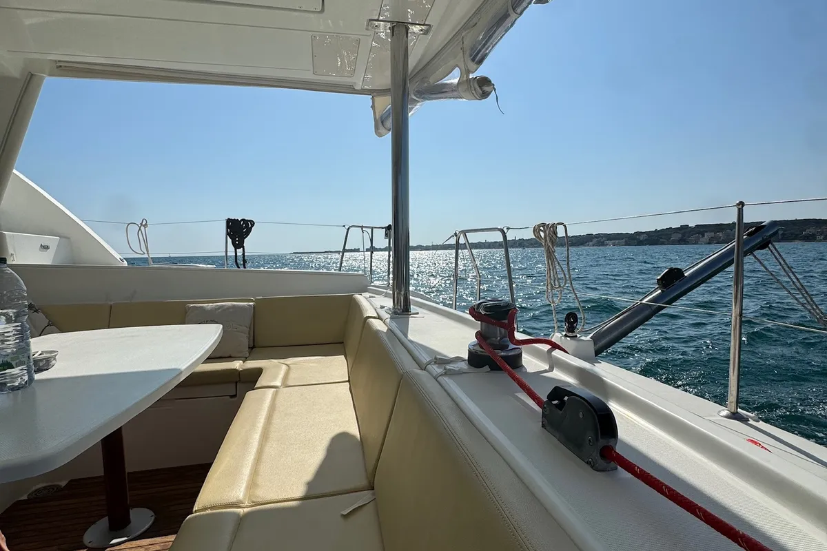 Deck of Ginevra, a Lagoon 440 catamaran at Nettuno, Italy