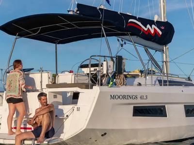 Deck of Moorings 41.3 Exclusive Plus, a Dufour 41 sailboat at Kontokali, Greece