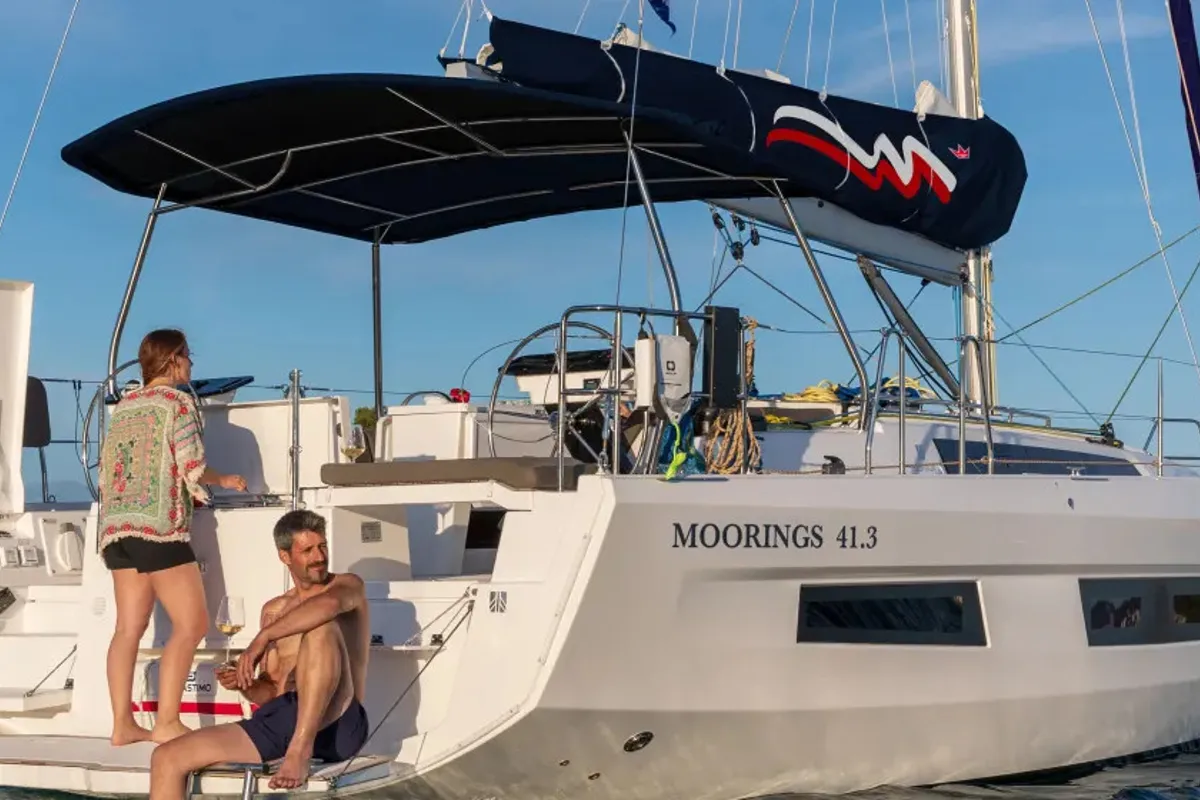 Deck of Moorings 41.3 Exclusive Plus, a Dufour 41 sailboat at Kontokali, Greece