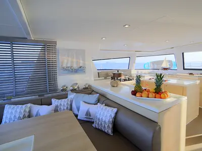 Salon of New Horizons 3, a Bali 5.4 catamaran at Municipal Unit of Nea Peramos, Greece
