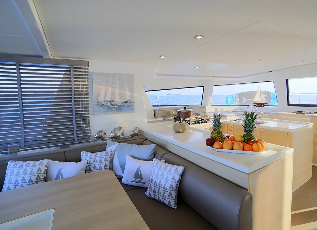 Salon of New Horizons 3, a Bali 5.4 catamaran at Municipal Unit of Nea Peramos, Greece