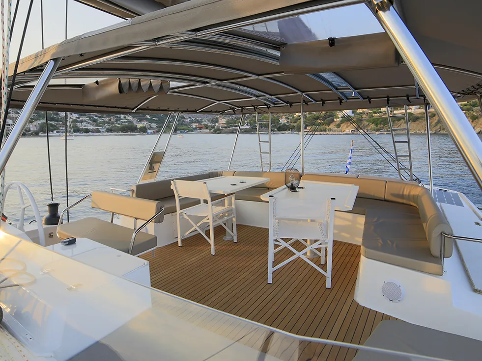 Deck of New Horizons 3, a Bali 5.4 catamaran at Municipal Unit of Nea Peramos, Greece