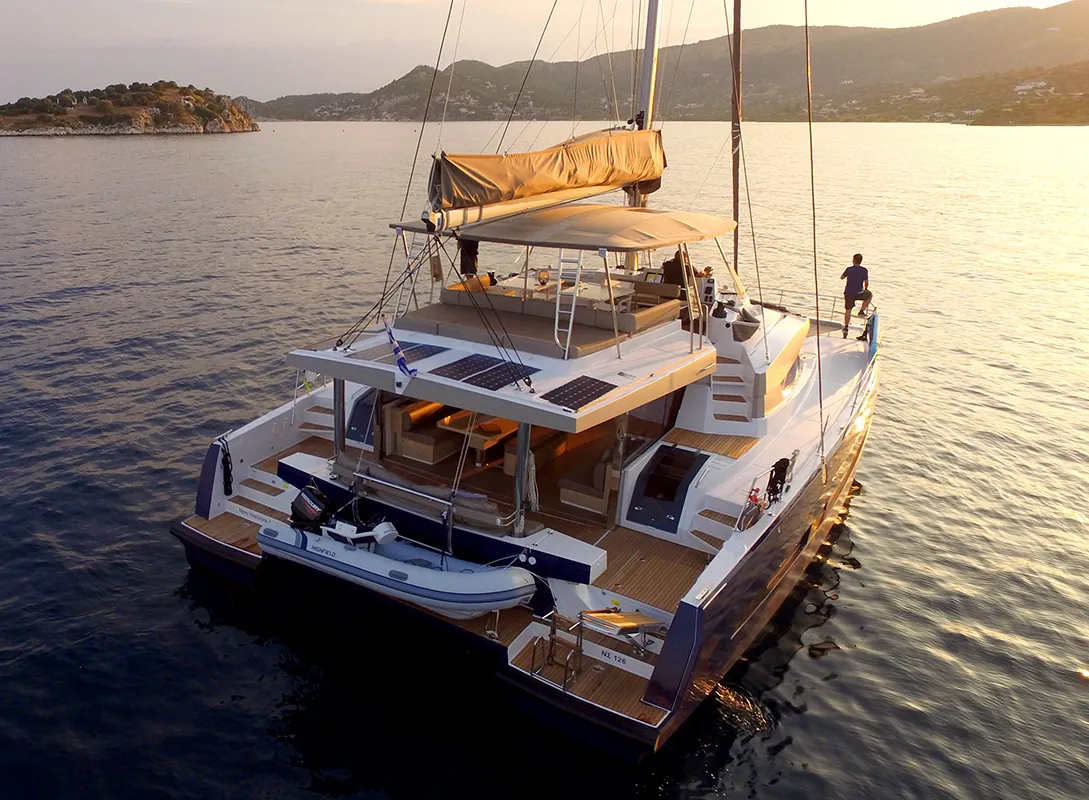 Exterior view of New Horizons 3, a Bali 5.4 catamaran at Municipal Unit of Nea Peramos, Greece
