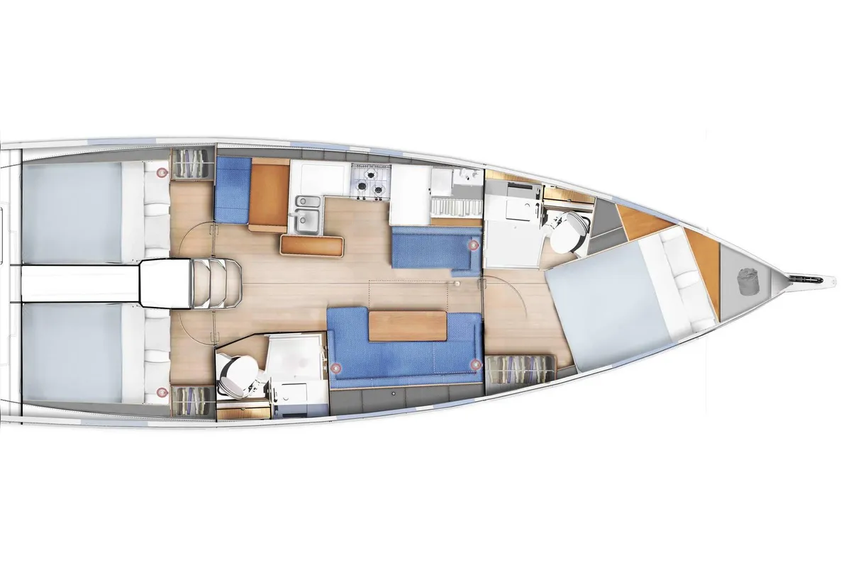 Floor plan of Sunsail 410 Premium, a Jeanneau Sun Odyssey 410 sailboat at Cannigione, Italy