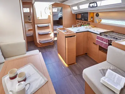 Galley of Sunsail 410 Premium, a Jeanneau Sun Odyssey 410 sailboat at Cannigione, Italy