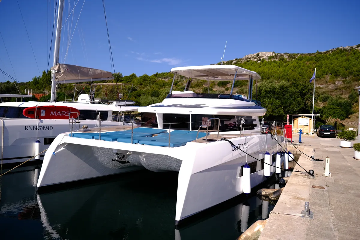 Exterior view of Abuzz, a Cervetti 44 Power catamaran at Primošten, Croatia