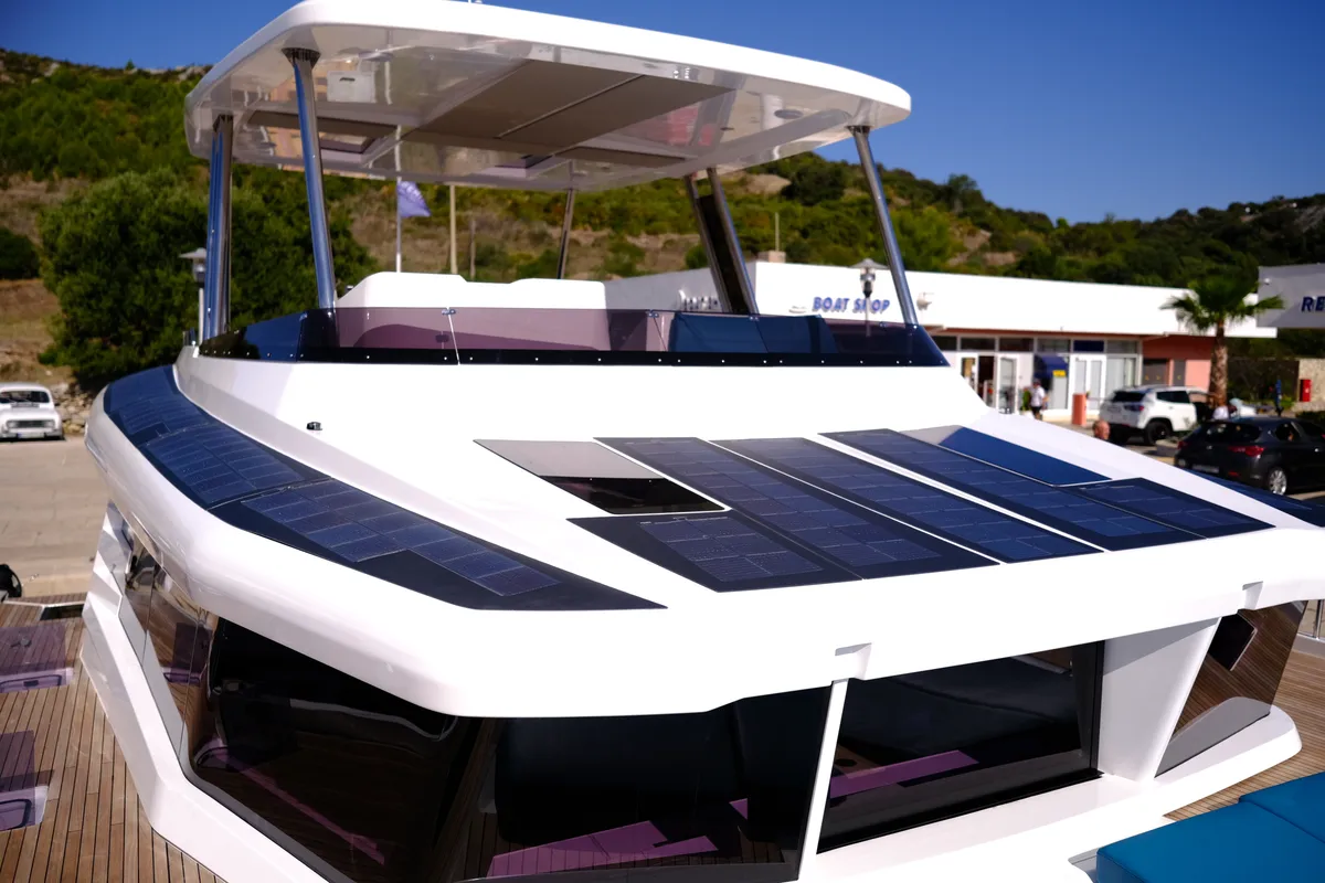 Deck of Abuzz, a Cervetti 44 Power catamaran at Primošten, Croatia