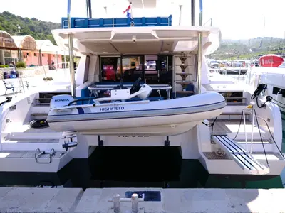 Deck of Abuzz, a Cervetti 44 Power catamaran at Primošten, Croatia
