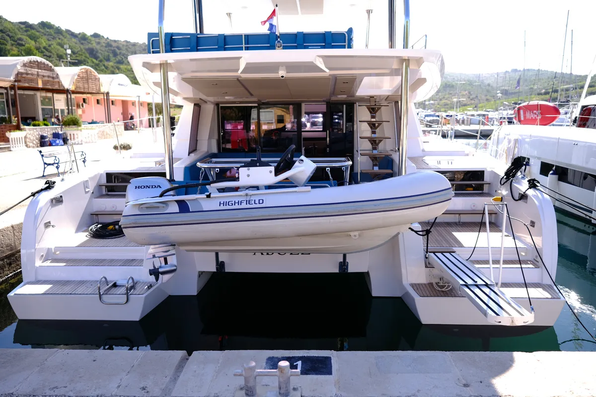 Deck of Abuzz, a Cervetti 44 Power catamaran at Primošten, Croatia