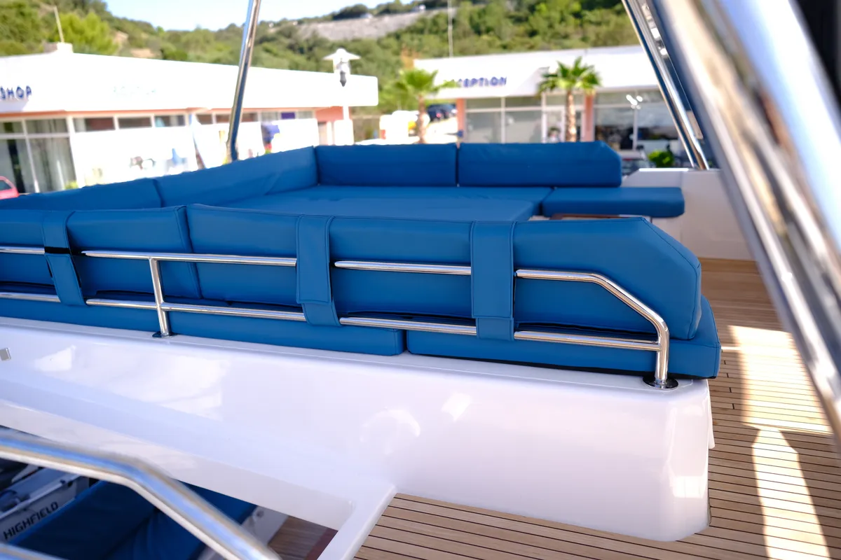 Deck of Abuzz, a Cervetti 44 Power catamaran at Primošten, Croatia