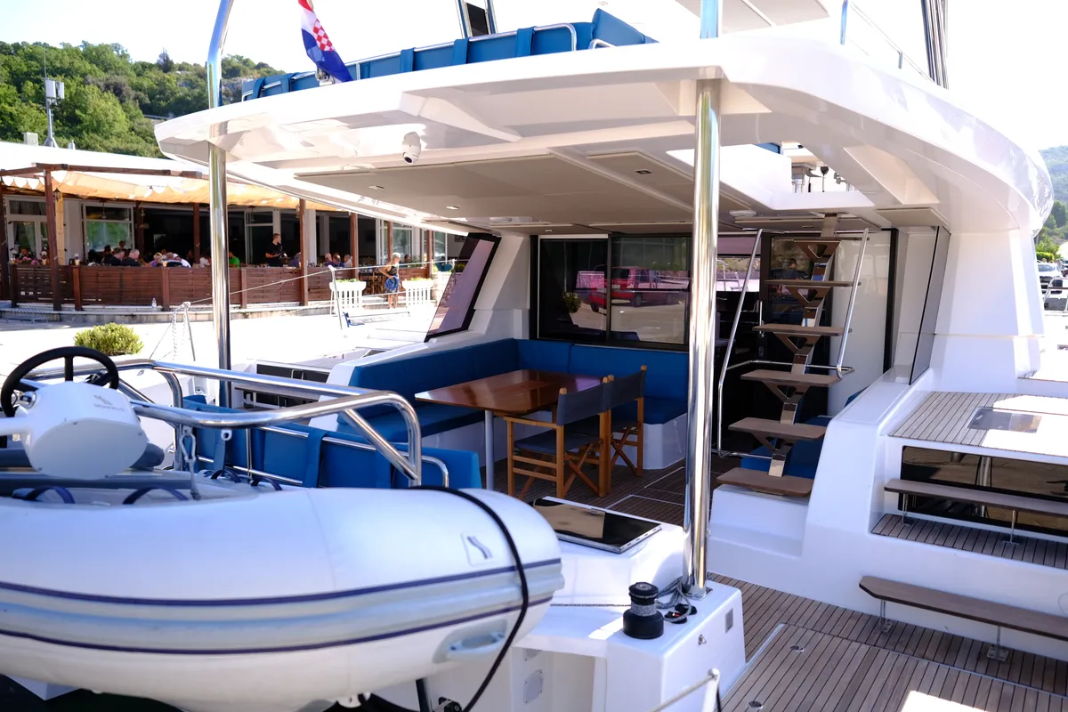Deck of Abuzz, a Cervetti 44 Power catamaran at Primošten, Croatia