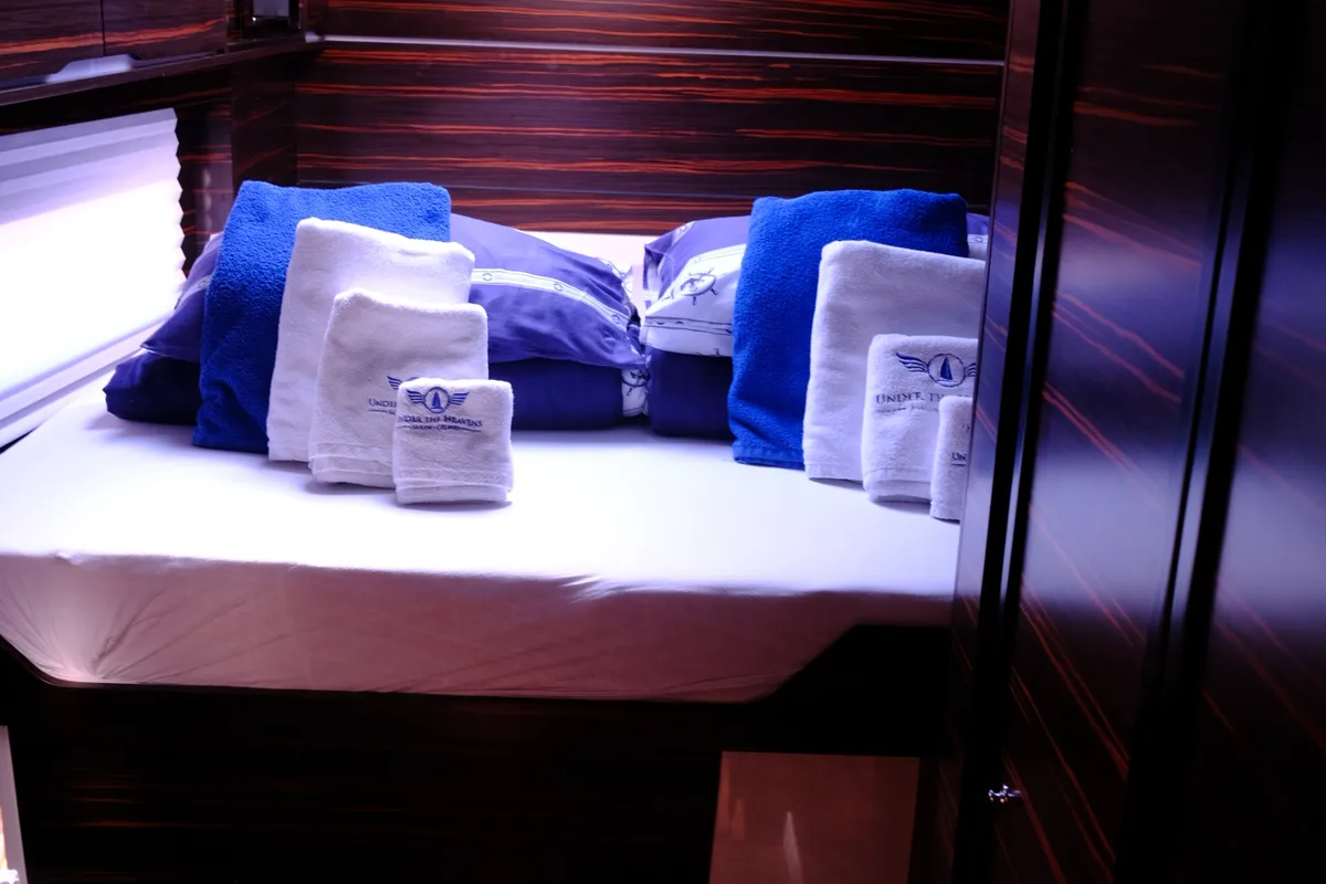 Cabin on Abuzz, a Cervetti 44 Power catamaran at Primošten, Croatia