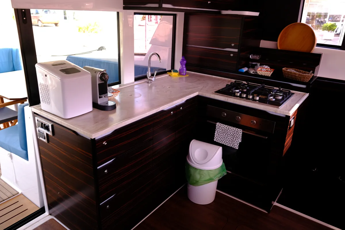 Galley of Abuzz, a Cervetti 44 Power catamaran at Primošten, Croatia