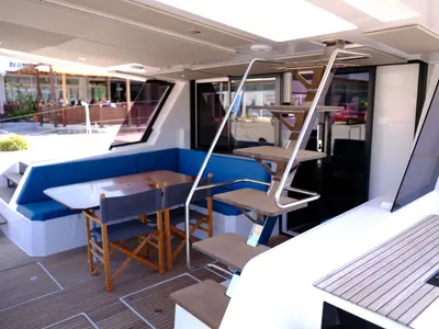 Salon of Abuzz, a Cervetti 44 Power catamaran at Primošten, Croatia